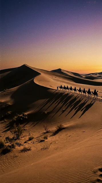 Vintage Style Desert Dawn with Camel Caravan Silhouette - Free 4K & 8K mobile Wallpaper