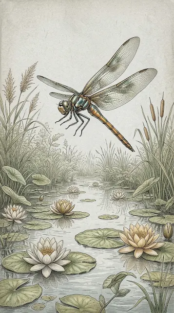 Vintage Style Dragonfly Illustration Over a Tranquil Pond - Free 4K & 8K mobile Wallpaper