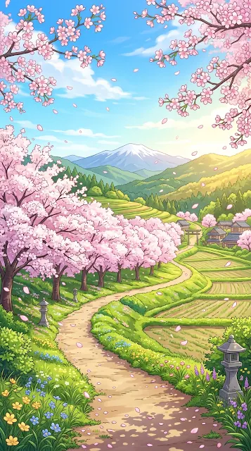 Vivid Anime-Inspired Cherry Blossom Spring Landscape - Free 4K & 8K mobile Wallpaper