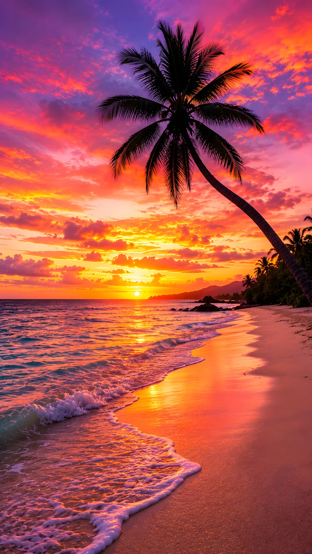 Vivid pink and purple sunset over tropical beach with leaning palm tree - Free 4K mobile Wallpaper