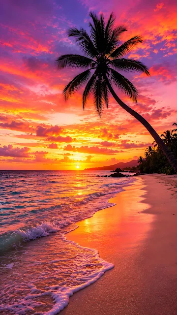Vertical sunset photograph of a leaning palm tree over a pink and purple tropical beach with gentle ocean waves.