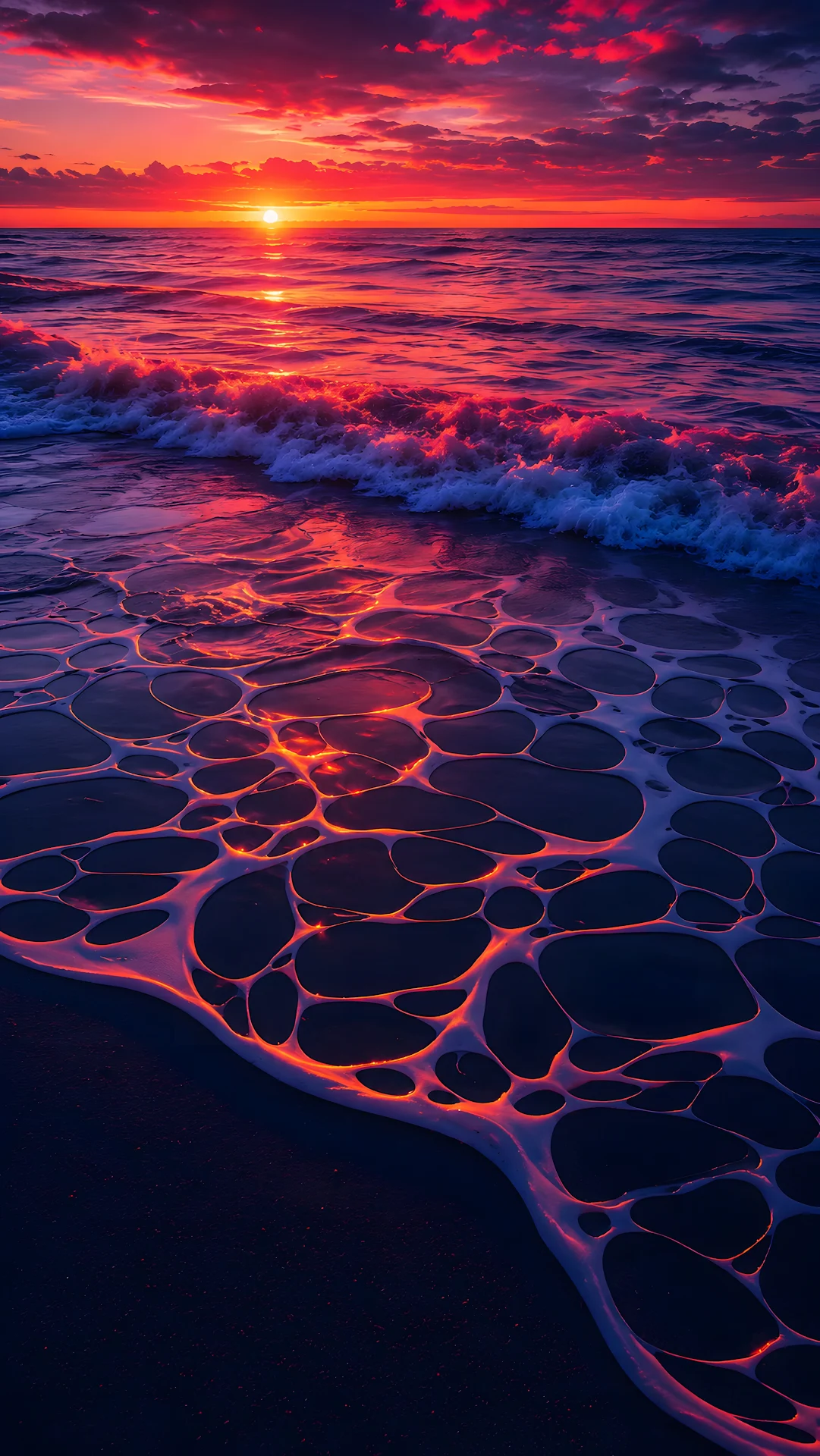 Vivid pink sunset over ocean waves and organic foam patterns on shore - Free 4K mobile Wallpaper