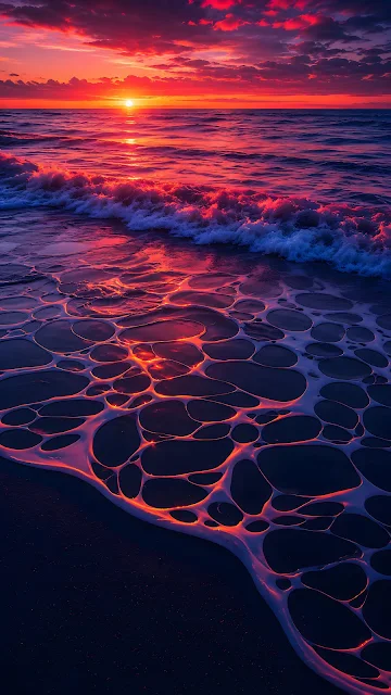 A dramatic pink and orange ocean sunset with delicate organic foam web patterns washing onto a wet sand beach.