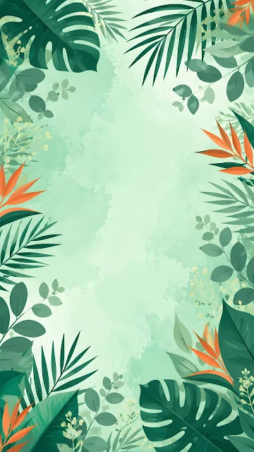 Vertical watercolor illustration featuring lush green tropical foliage and orange leaves framing a textured emerald background.