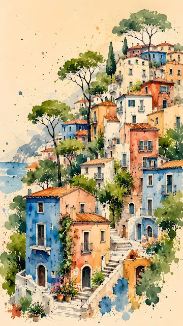 Charming watercolor illustration of pastel houses and tall dark trees stacked along a hillside village.