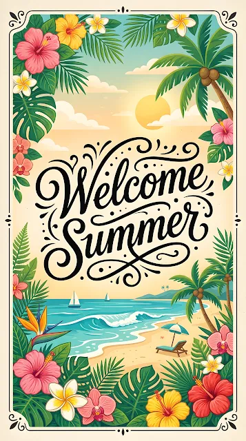 Welcome Summer Script Typography with Illustrated Tropical Floral Frame - Free mobile Wallpaper