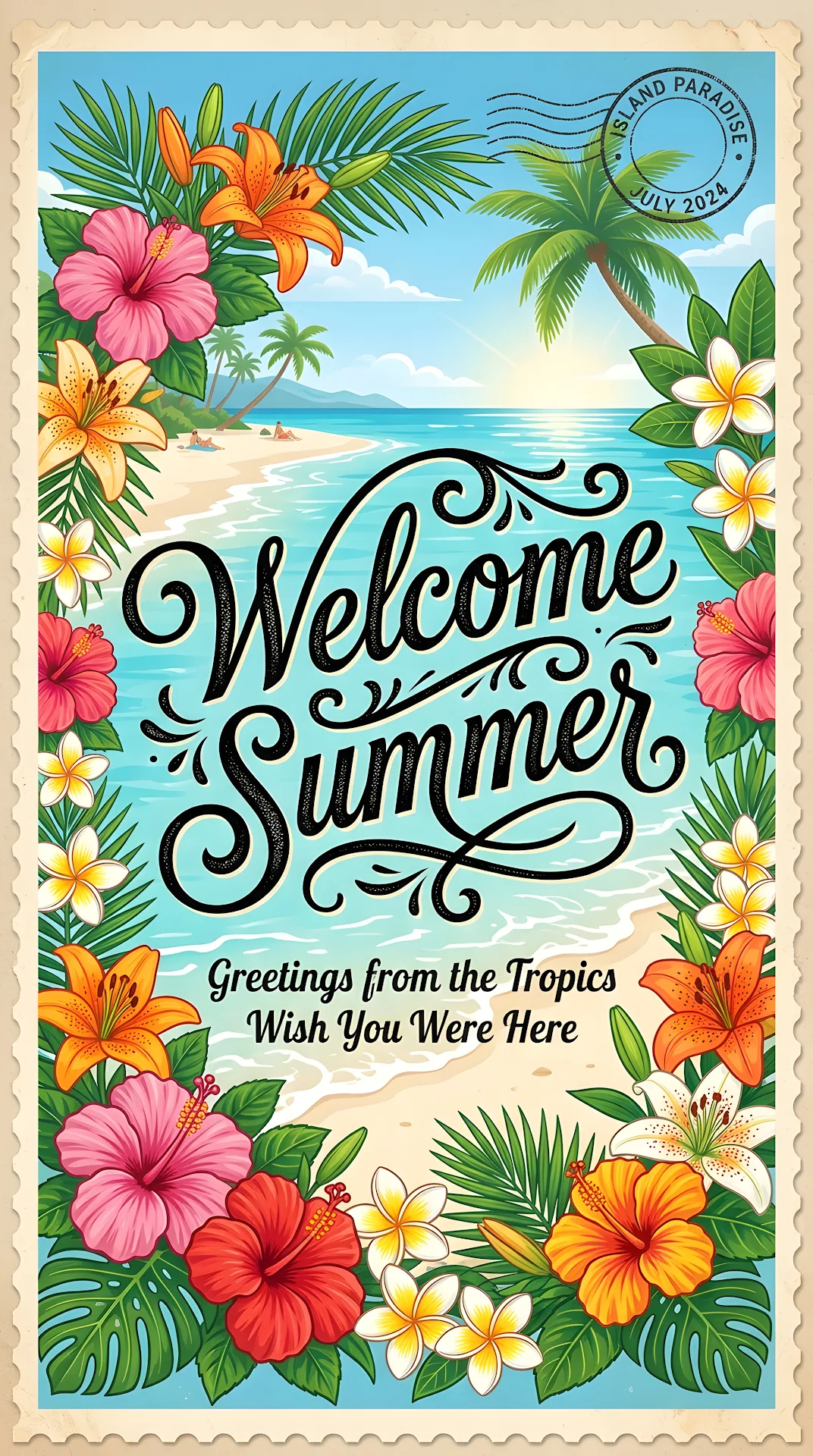 Welcome Summer Typography with Tropical Floral Frame and Beach Background - Free 4K mobile Wallpaper