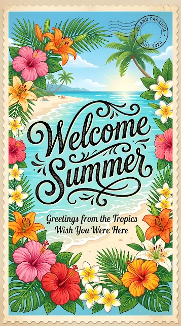 Welcome Summer Typography with Tropical Floral Frame and Beach Background - Free mobile Wallpaper