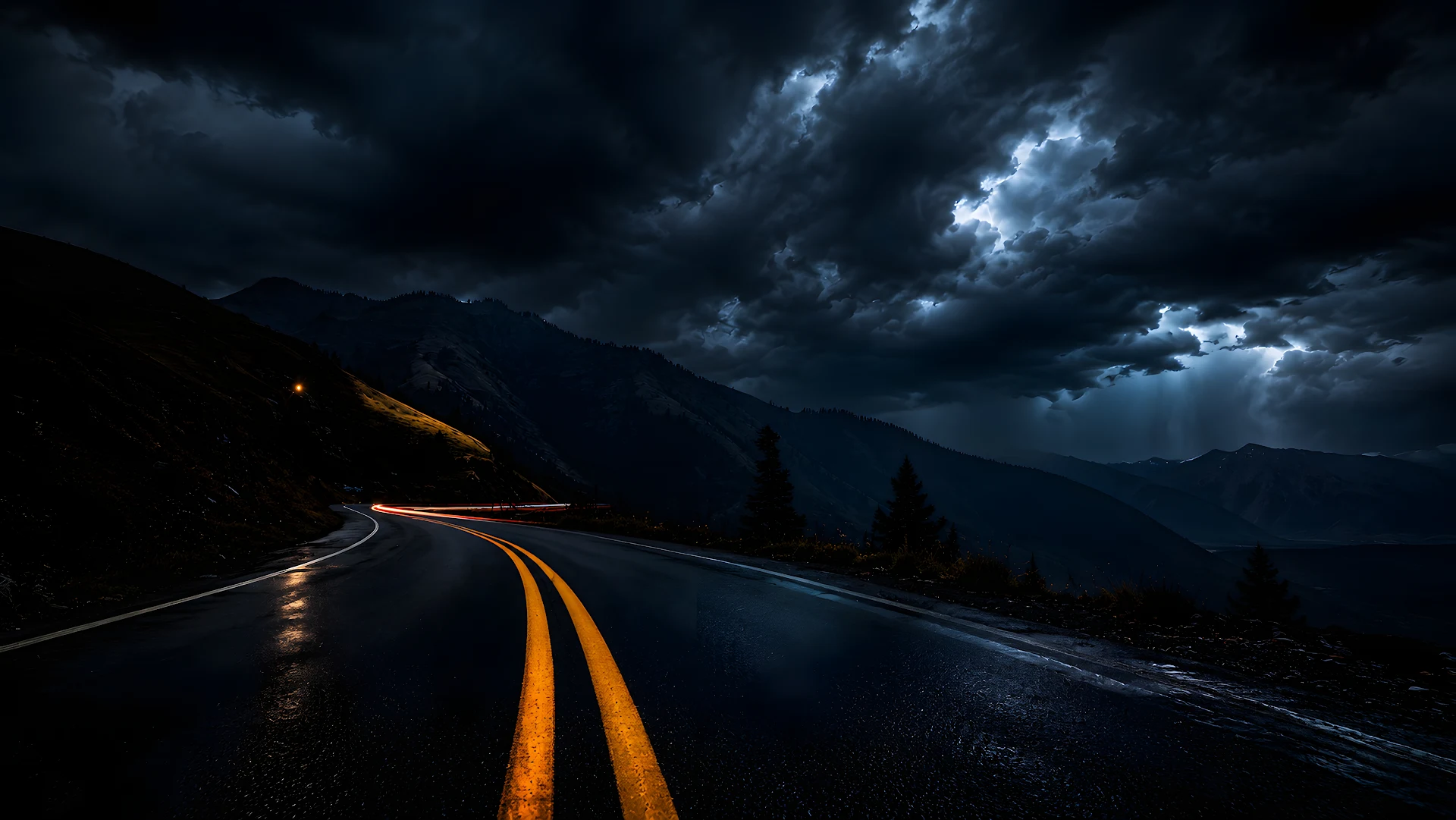 Wet winding asphalt road with double yellow lines under dark stormy sky - Free 4K desktop Wallpaper