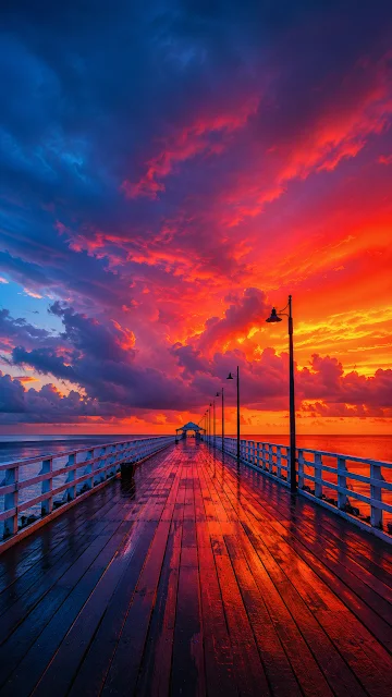Wet wooden pier stretching toward a vibrant red and purple sunset sky over the calm sea.