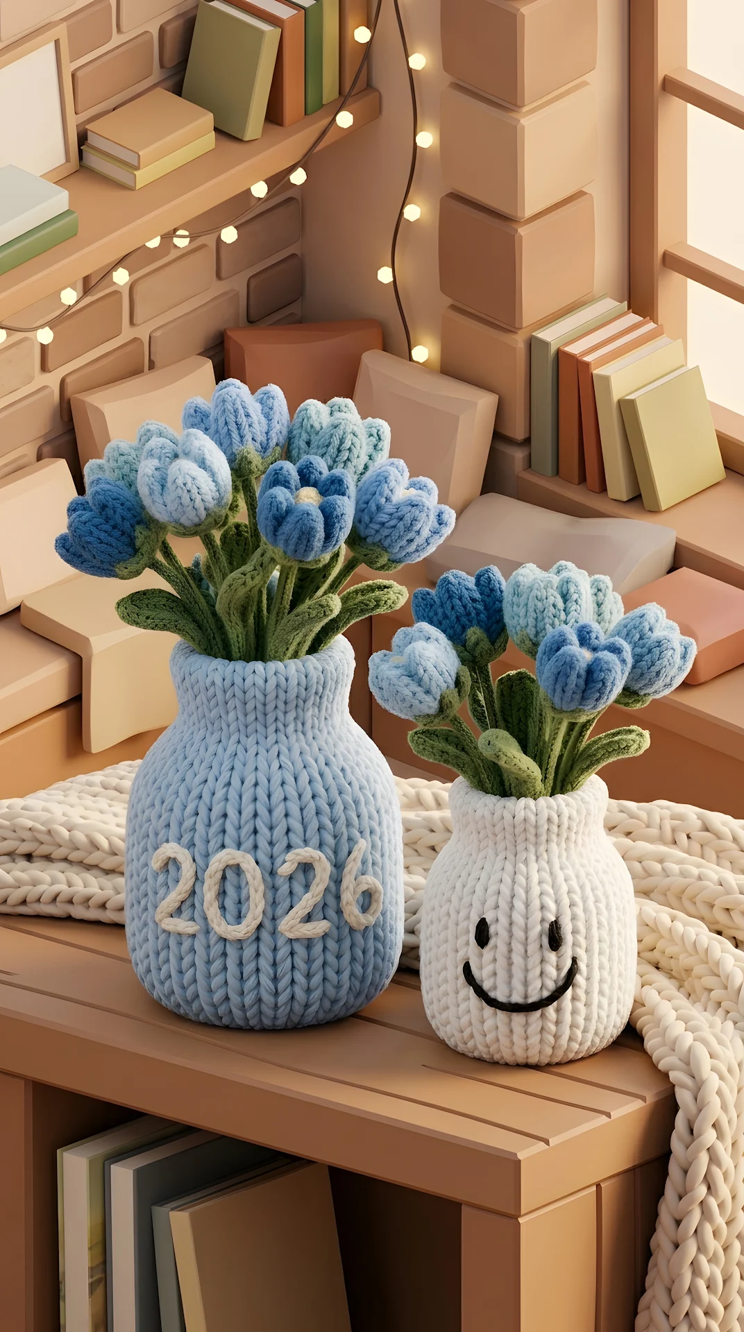 Whimsical 3D Render of Knitted Vases with Faces and 2026 Text - Free 4K mobile Wallpaper