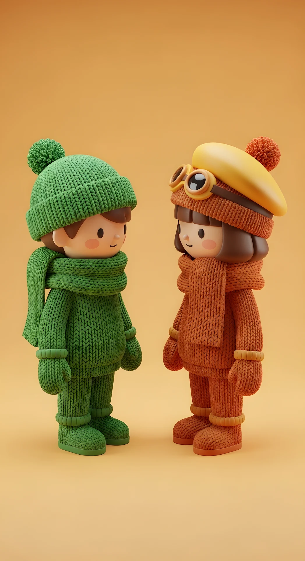 Whimsical 3D Render of Two Toy-like Characters in Winter Clothes Facing Each Other - Free 4K mobile Wallpaper