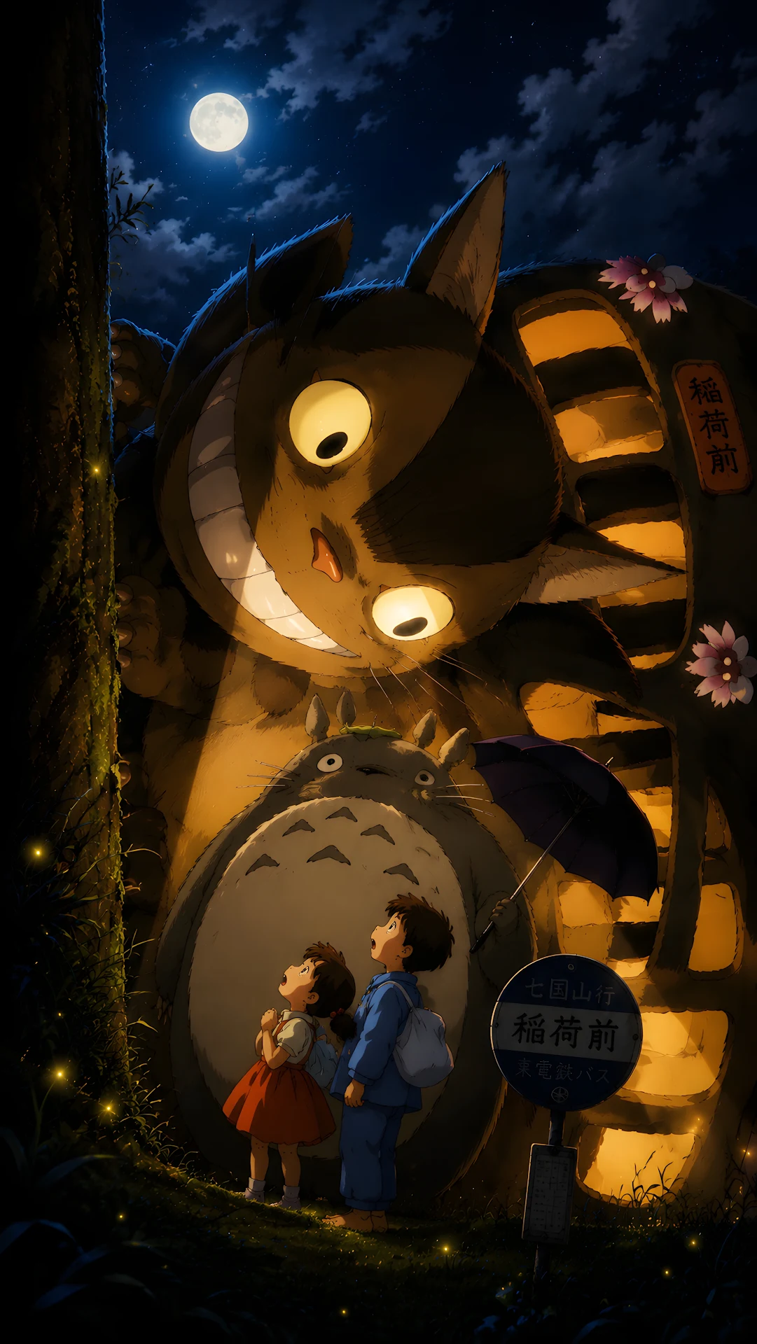 Whimsical Anime Forest Creatures and Children at Night Bus Stop - Free 4K mobile Wallpaper