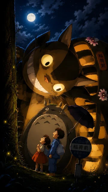 Anime style fantasy scene of two children and giant gentle forest spirits under a moonlit night at a rural bus stop.