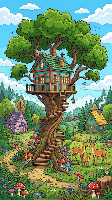 Whimsical Cartoon Forest Scene with Treehouse and Cabins - Free 4K & 8K mobile Wallpaper