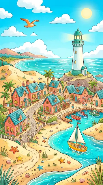 Whimsical Cartoon Miniature Seaside Village with Coral Walls - Free 4K & 8K mobile Wallpaper