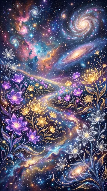 Whimsical Galaxy Garden with Flowers Made of Stars and Cosmic Energy - Free 4K & 8K mobile Wallpaper