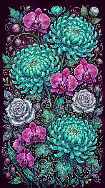 Whimsical Garden of Fantastical Metallic Flowers on Plum Background - Free 4K & 8K mobile Wallpaper