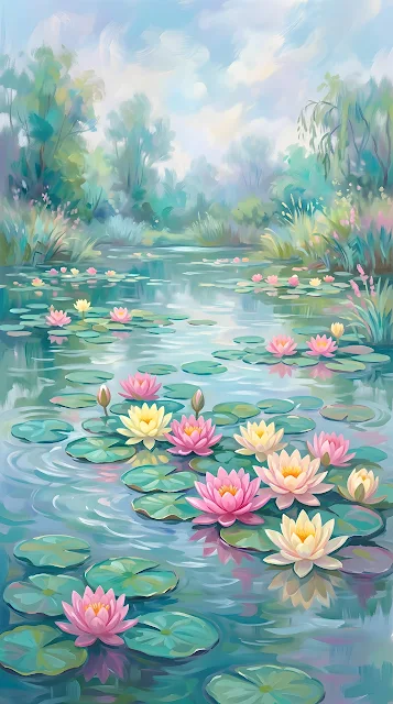 Whimsical Impressionist Lily Pad Pond in Pastel Colors - Free mobile Wallpaper