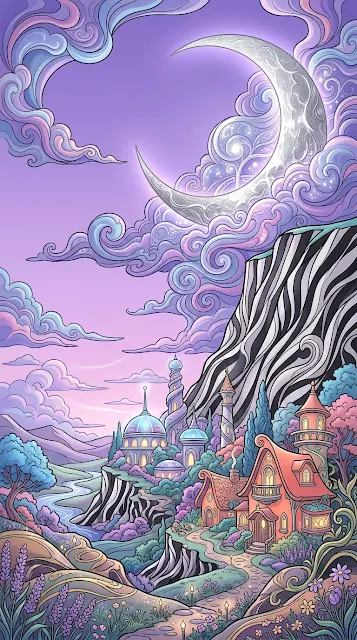 Whimsical Landscape under Stylized Moon with Domes and Cottages - Free 4K & 8K mobile Wallpaper