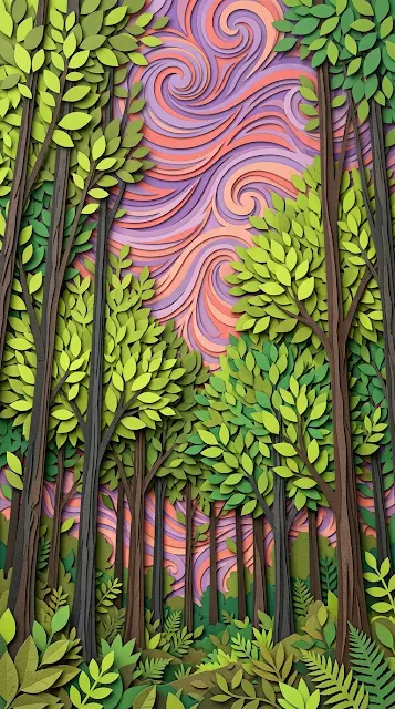 Whimsical Layered Paper Style Forest Canopy with Textured Sky - Free 4K & 8K mobile Wallpaper