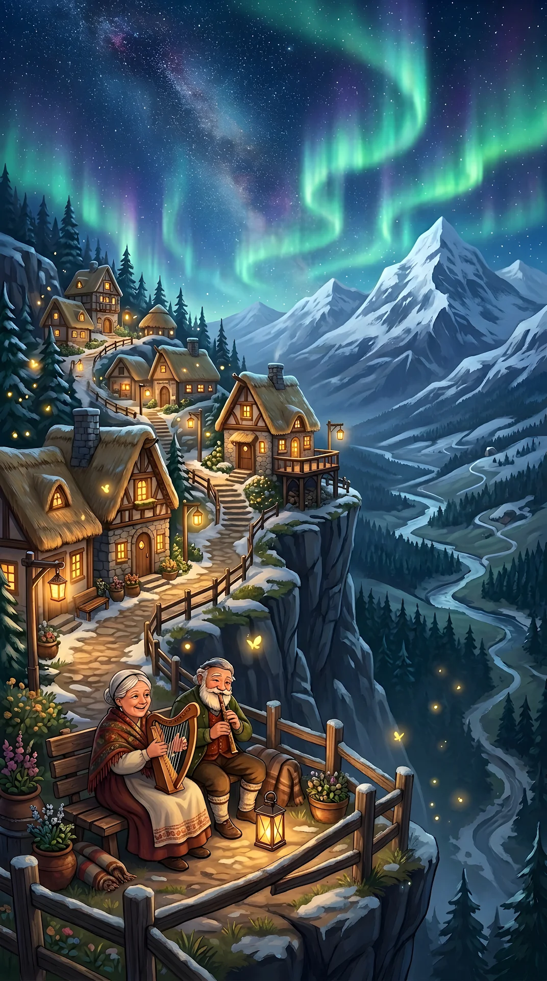 Whimsical Mountain Village Under Aurora Sky - Free 4K mobile Wallpaper