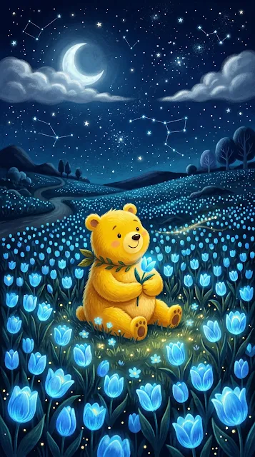 Whimsical Surreal Scene with Yellow Bear and Blue Tulips - Free 4K & 8K mobile Wallpaper