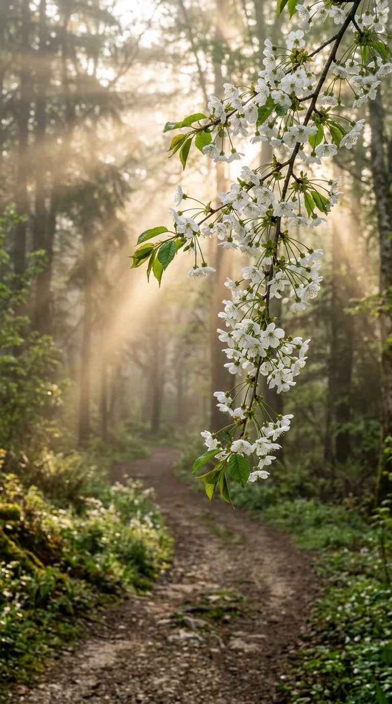 White Blossom Tree Hanging Over a Misty Pathway at Sunrise - Free 8K and 4K mobile Wallpaper Background