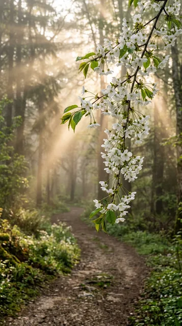 White Blossom Tree Hanging Over a Misty Pathway at Sunrise - Free 4K & 8K mobile Wallpaper