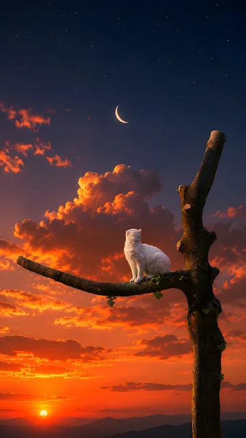White cat sits on a weathered branch beneath a crescent moon and glowing orange twilight clouds.