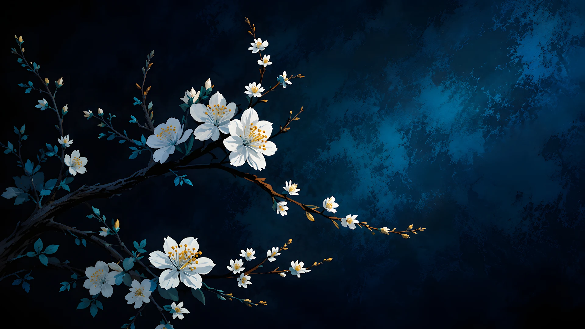 White cherry blossom branch artwork on dark blue textured background - Free 4K desktop Wallpaper
