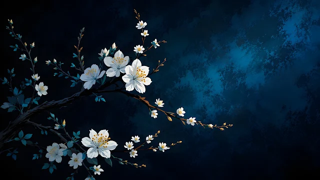 Illustrated white cherry blossom branch extending across a dark blue mottled background with golden flower accents.