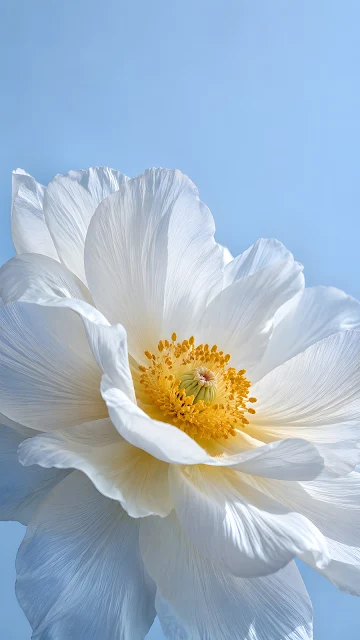 Soft white flower with translucent flowing petals against a pale blue background.