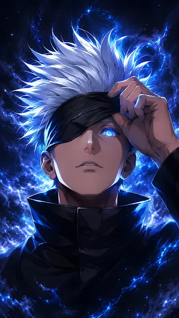 White-haired illustrated mystic lifting a black eye covering as blue cosmic energy surrounds the portrait.