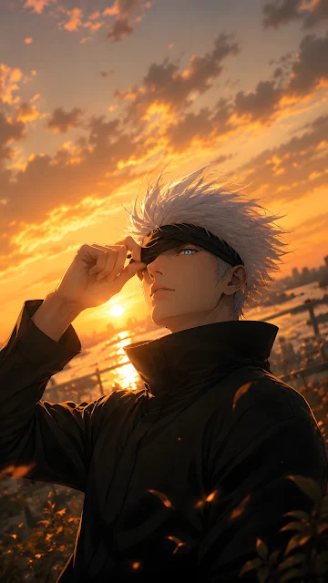 White-haired illustrated man lifting a dark eye covering beneath a glowing orange sunset sky.