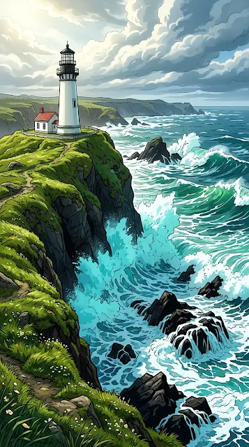 White Lighthouse on Green Cliff with Powerful Ocean Waves - Free 4K & 8K mobile Wallpaper