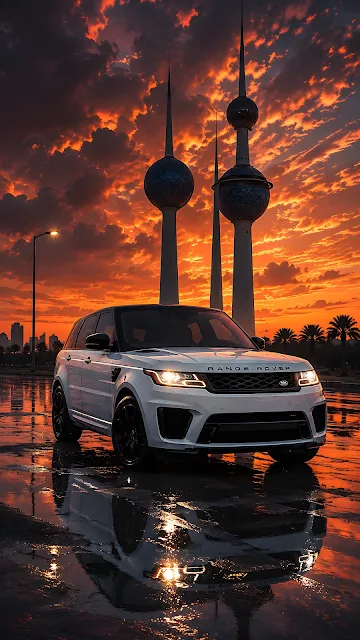 White luxury SUV parked on wet pavement in front of distinct architectural towers during a dramatic orange sunset.