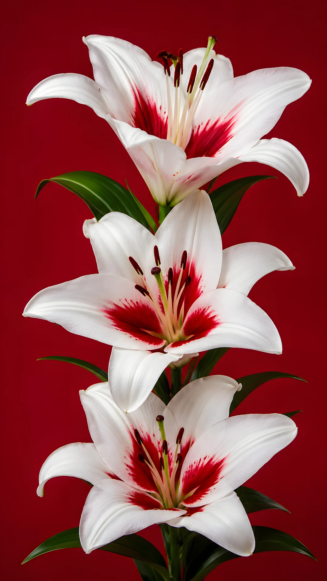 White oriental lilies with red centers on red background - Free 4K mobile Wallpaper