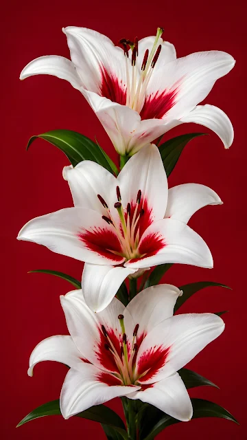 Three blooming white oriental lilies with dark red throats and red-tipped stamens, arranged vertically against a deep crimson background.