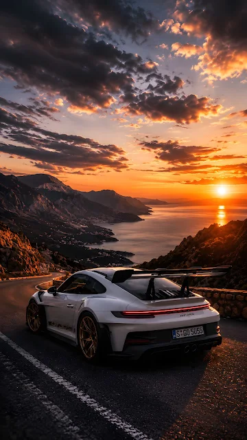 White aerodynamic performance coupe parked on a mountain road above a glowing coastal sunset.