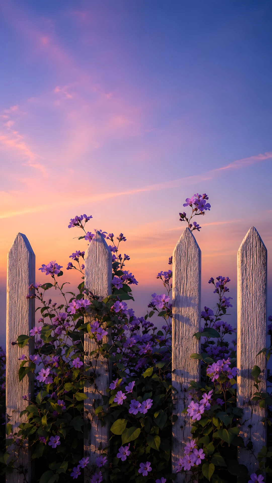 White picket fence with blooming purple flowers against a pastel sunset sky - Free 4K mobile Wallpaper