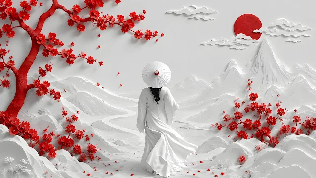 A white sculpted mountain landscape with red blossoms, a crimson sun and a robed figure holding an umbrella.