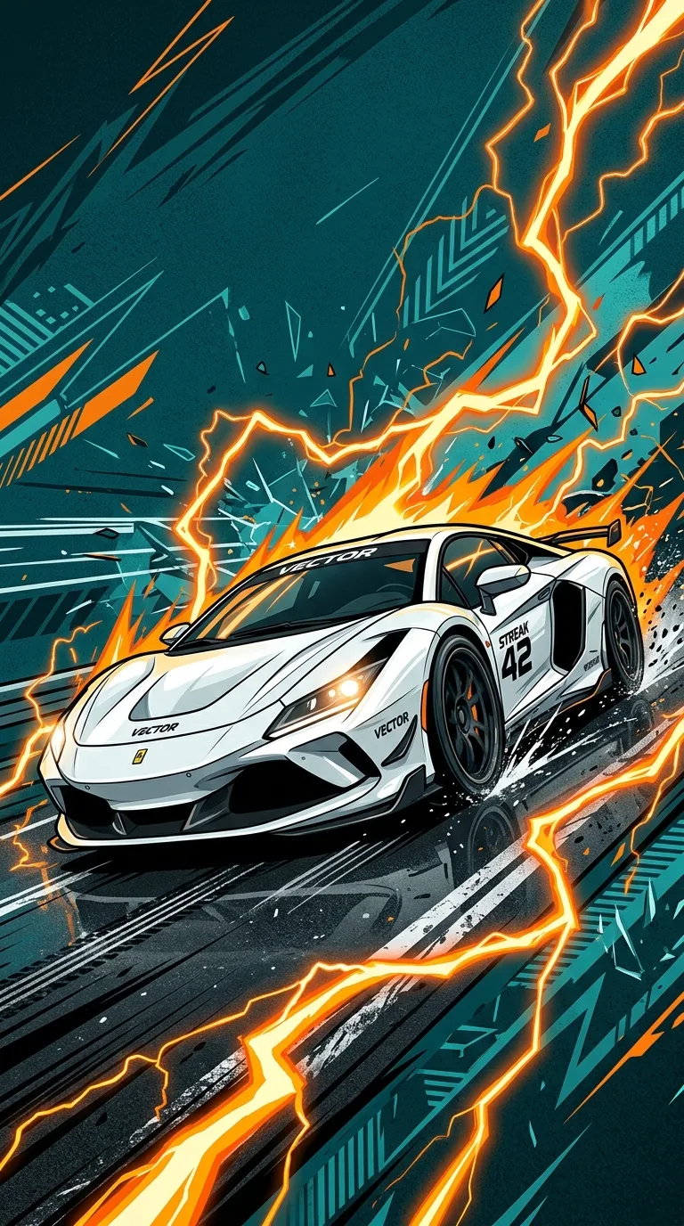 Download White Sports Car Speeding on Road with Orange Lightning Trails Wallpaper in 4K UHD White Sports Car Speeding on Road with Orange Lightning Trails - Free 8K and 4K mobile Wallpaper Background