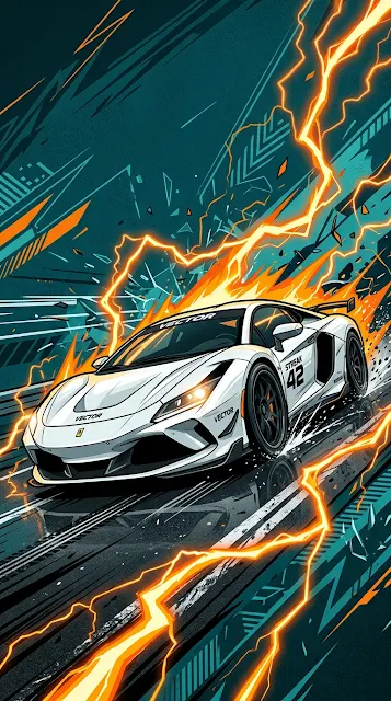 White Sports Car Speeding on Road with Orange Lightning Trails - Free 4K & 8K mobile Wallpaper