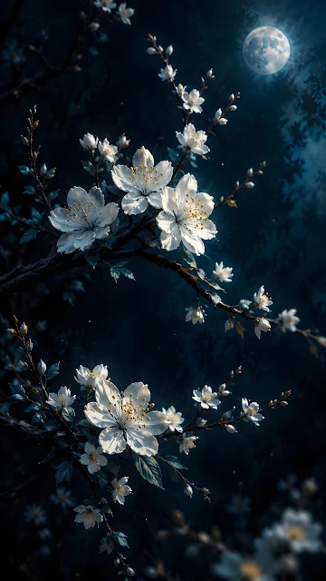 Close-up of white spring blossoms on dark branches lit by a glowing full moon in a deep navy night sky.