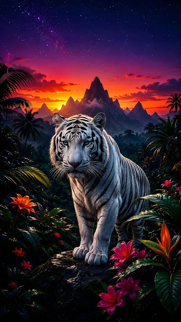 A majestic white tiger stands on a rock inside a lush tropical jungle under a starry night sky transitioning into a vibrant orange sunset horizon.