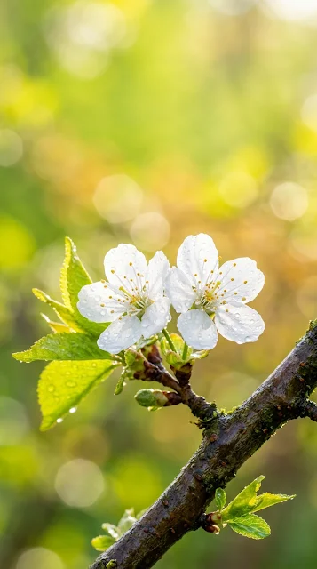 White Tree Blossoms on a Branch against Bright Green Background - Free 4K & 8K mobile Wallpaper