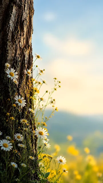 A white daisy flower blooming near yellow and pink wildflowers along dark weathered tree bark.