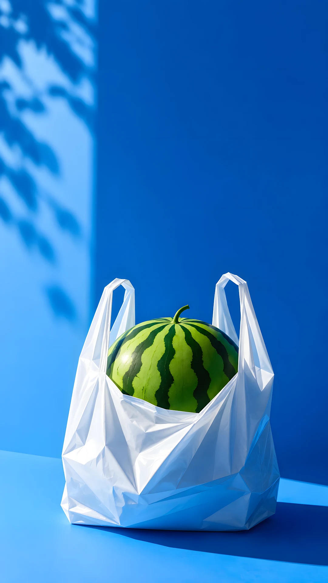 Whole green striped watermelon inside a white plastic bag against blue - Free 4K mobile Wallpaper