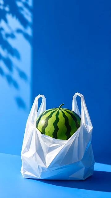 A round green striped watermelon inside a white plastic shopping bag rests against a solid blue background.